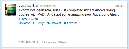 Jessica Biel Tweet RE Scuba Diving